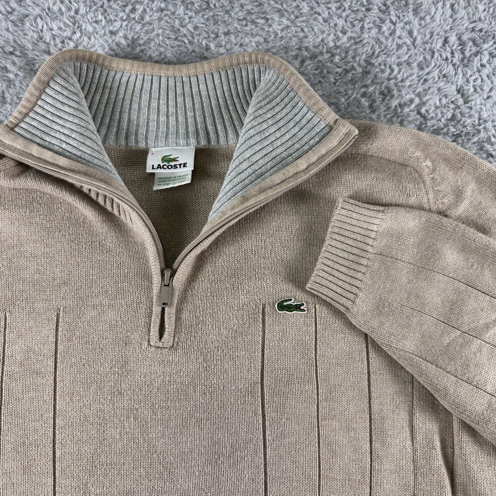 Lacoste Mens Tan Beige 100% Cotton Ribbed Quarter Zip Sweater Elbow Patches Sz 4
